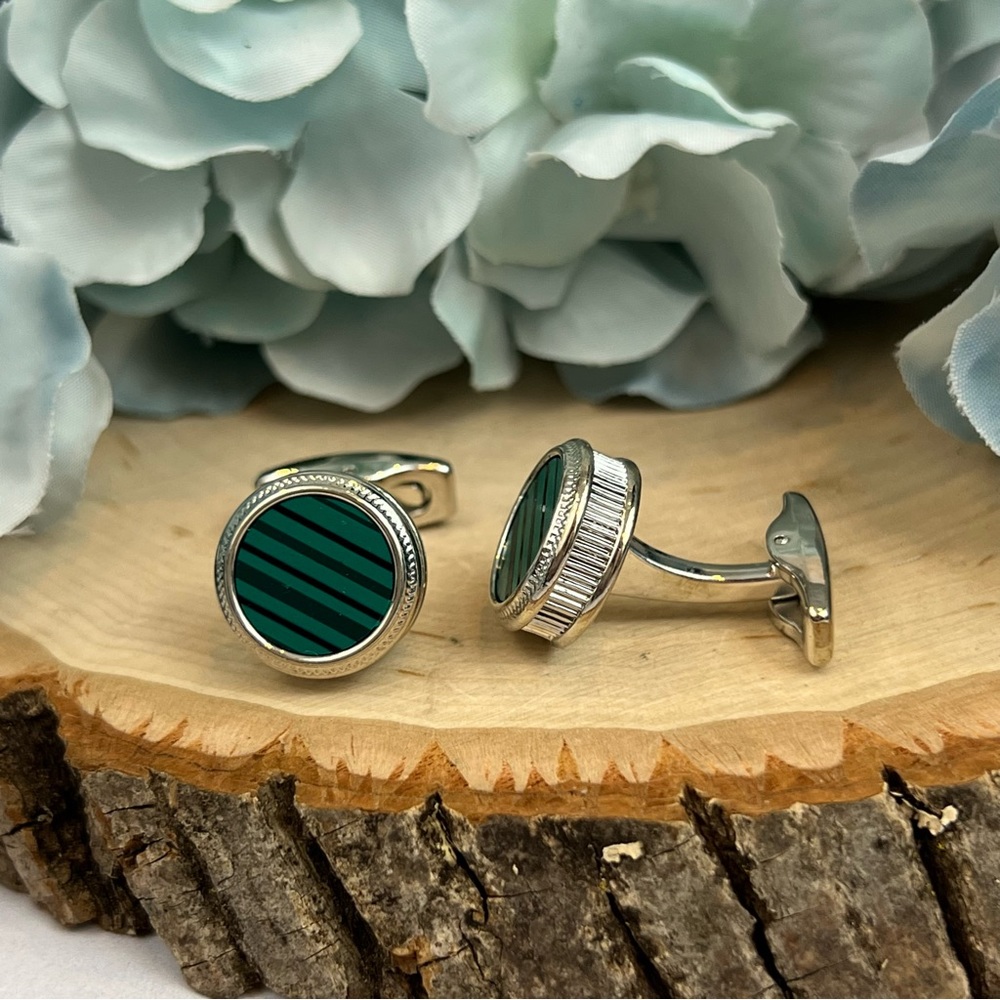 Stunning Green Malachite Round Silver Cufflinks - Picture 8 of 16
